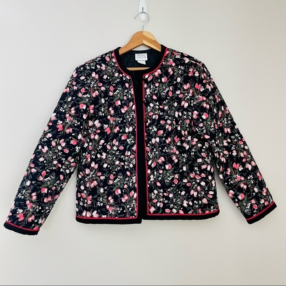 Vintage Boston Traveler Floral Quilted Jacket Black Pink 12 - Picture 5 of 16